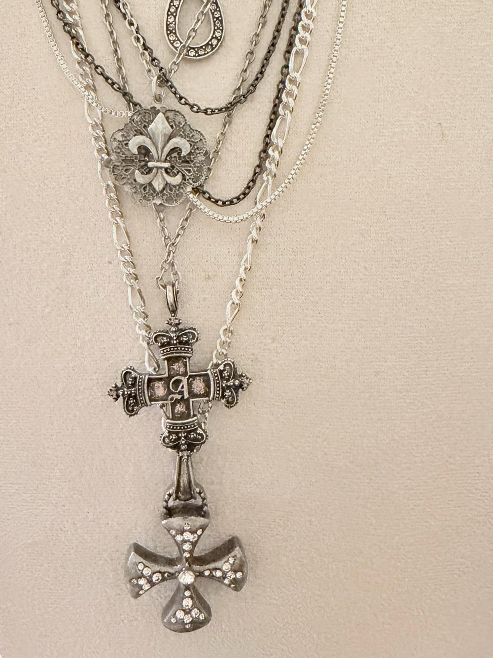 Alchemy Gothic Multi Strand Necklace Cross Fleur de Lis Rhinestone Statement